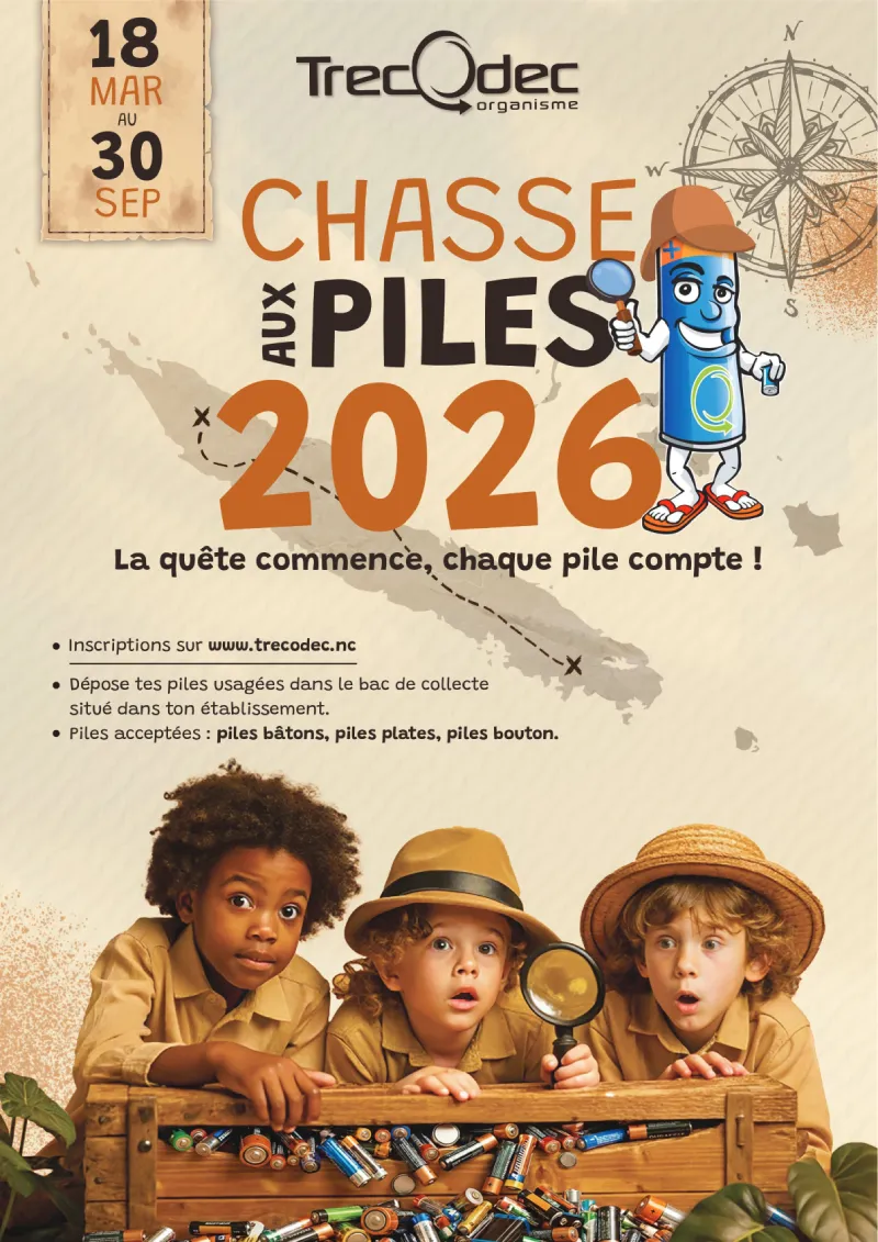 Affiche du concours scolaire Chasse aux piles 2026 — mobilisez votre établissement pour la collecte et le recyclage des piles usagées en Nouvelle-Calédonie