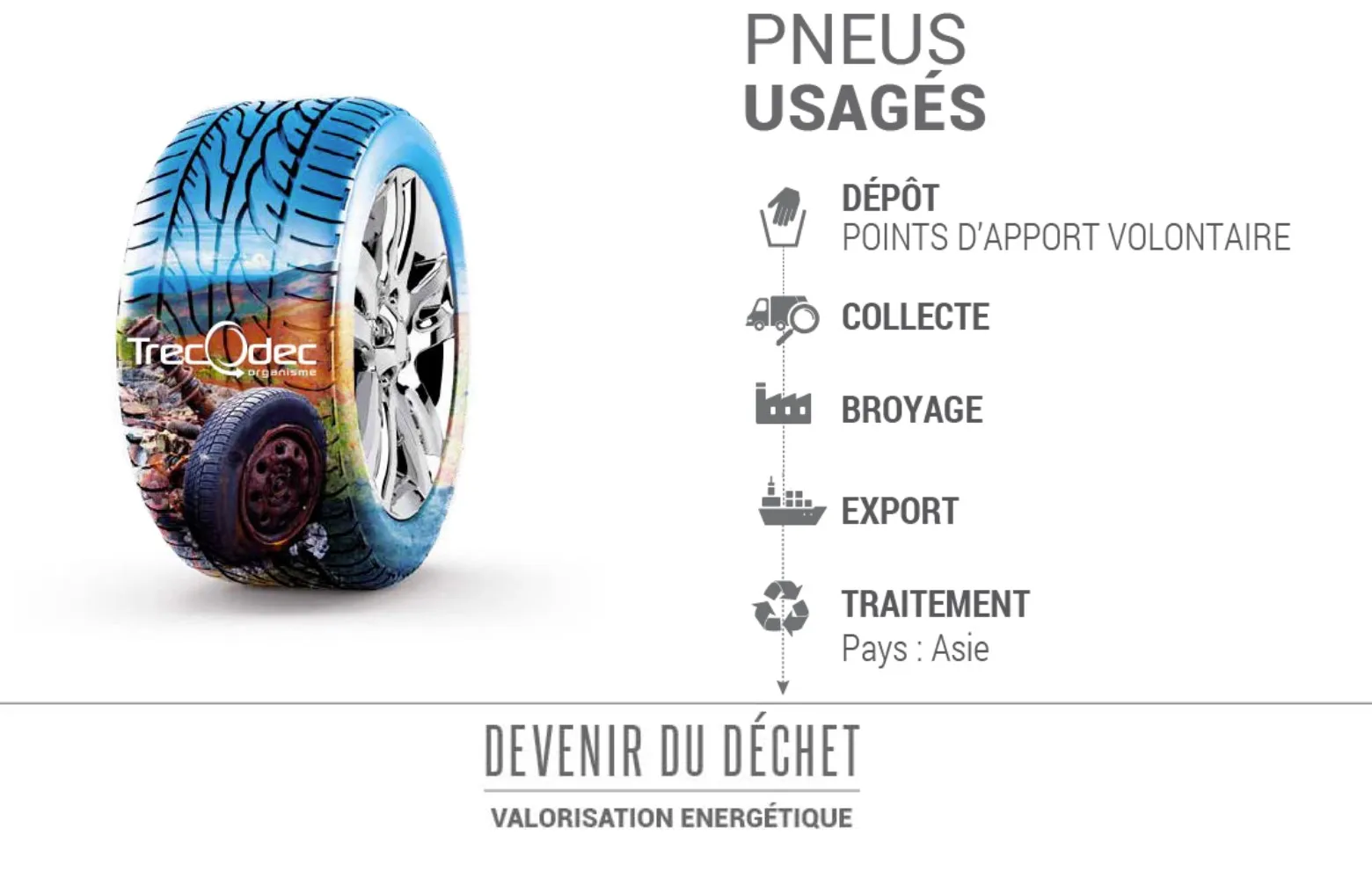Cycle de traitement des pneus usagés : collecte, broyage, conditionnement, export et valorisation énergétique